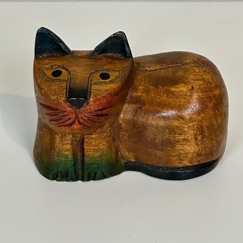 Vintage Hand-Carved Wood Bohemian Cat Figurine